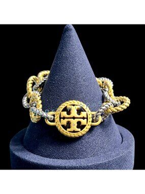 e1. TORY BURCH Gold and Silver Rope Chain Link Bracelet With Toggle Clasp